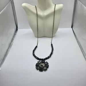 Avon SHA Necklace Jet Black Beaded Rhinestone Floral Dark Silvertone 32" +2"